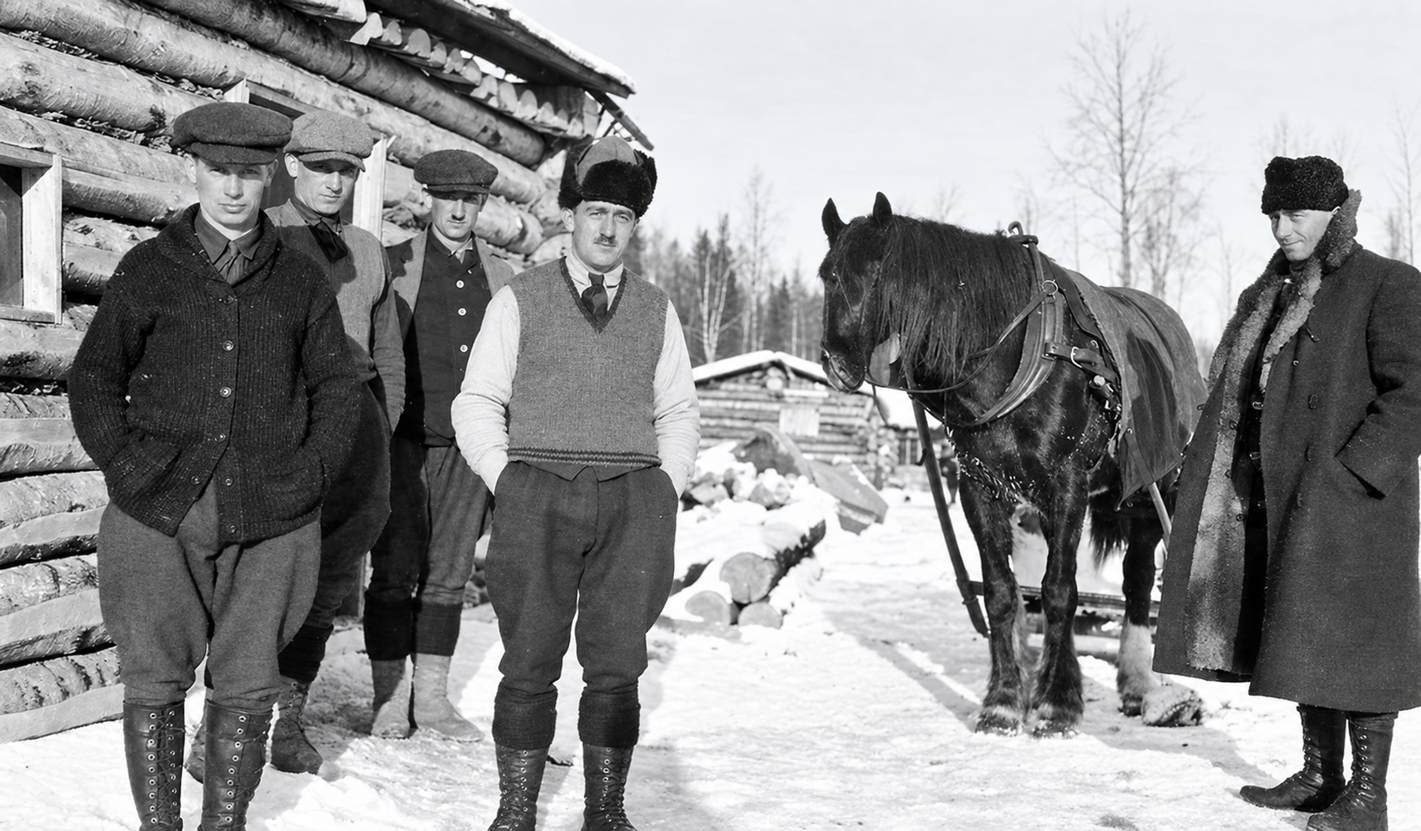 Missionnaires et cheval devant un camp forestier enneigé