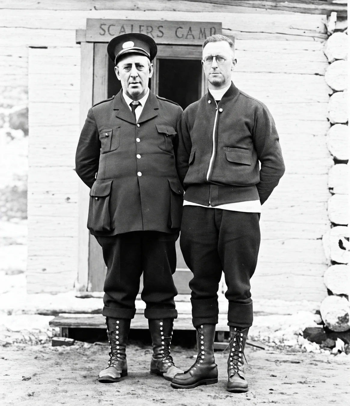 Dos misioneros frente a un campo forestal, fotografía de archivos de archivo restaurada